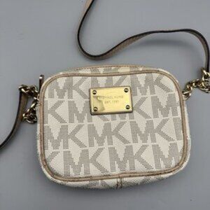 Michael Kors Women Beige Jet Set Travel MK Coated Canvas Zip Crossbody Bag Small